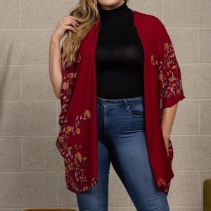 New Plus Size 1X / 2X Kimono Criss Cross Detail Back One Size Burgundy Floral